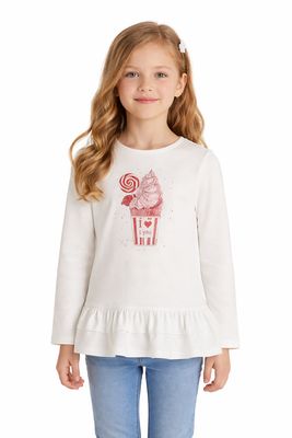 Girls White Cotton Peplum Top with Front Print