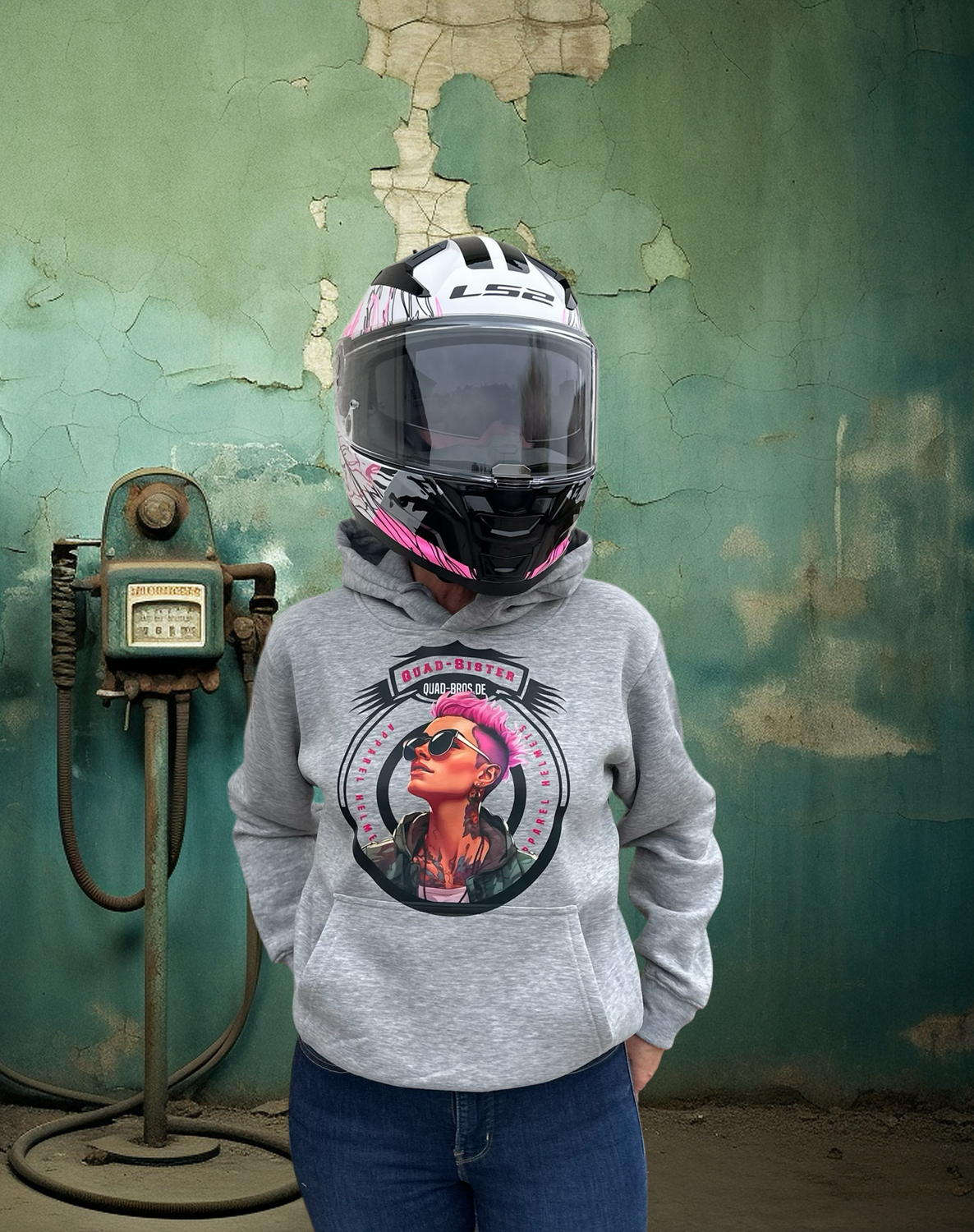Quad-Sister Hoody "Tattoo" in grau mit Print auf der Brust