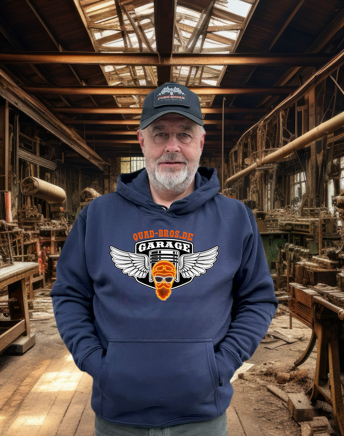 Quad-Bros Hoody "Garage" blau mit Print auf der Brust