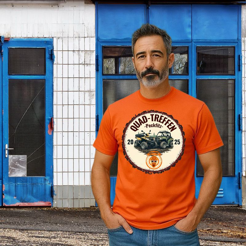 Quad-Bros T-Shirt Quad-Bros T-Shirt "Peckfitz 2025" orange mit Print auf der Brust Passform unisex