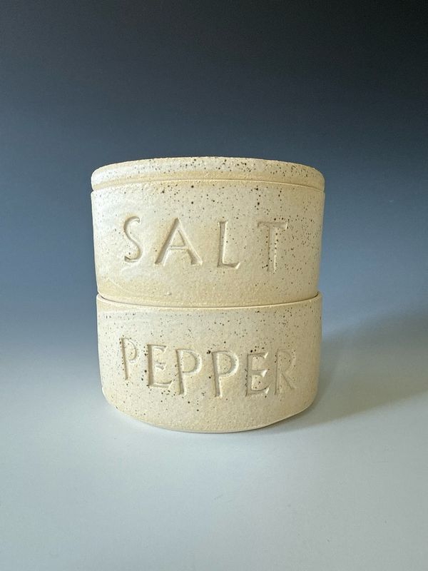 3 piece Salt &amp; Pepper Crock, Lid doubles as Spoon Rest