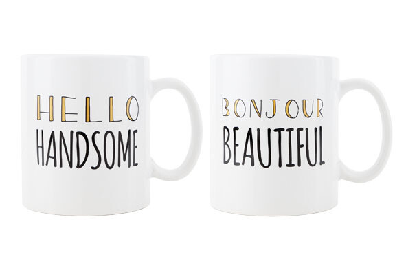 Set van 2 tassen &quot;Bonjour Beautiful - Hello Handsome