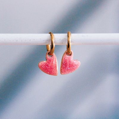 RVS creolen met glitter hart – roze –