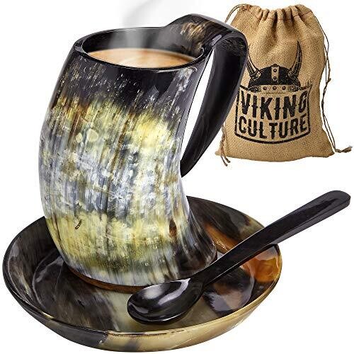 Viking Culture Coffee Horn Mug with Spoon, Plate and Bag, 3 Pc Set, Horned Handle with Rustic Natural Finish, Safely Holds Hot and Cold Tea, Cocoa, Wine, Beer or Mead