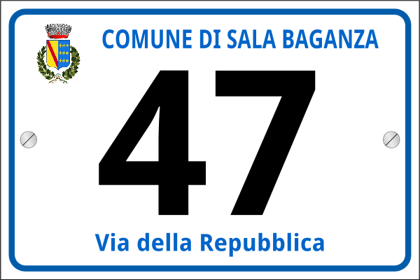 Numero civico in alluminio con stemma del comune e via