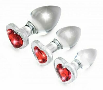 BOOTY SPARKS Glass Butt Plug - Red Heart (Set of 3)