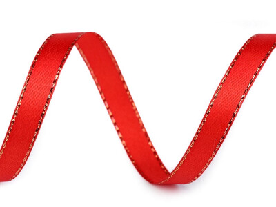 Satin Ribbon with Lurex 22.5 Metres/ 10 mm Wide - Red With Gold Detail