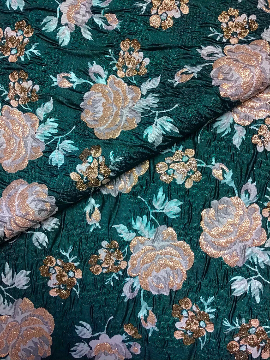 Double-Sided Brocade Green &amp; Gold Flowers