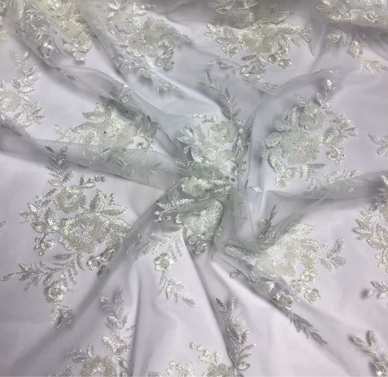 Embroidered Tull with Iridescent Sequins- Cream