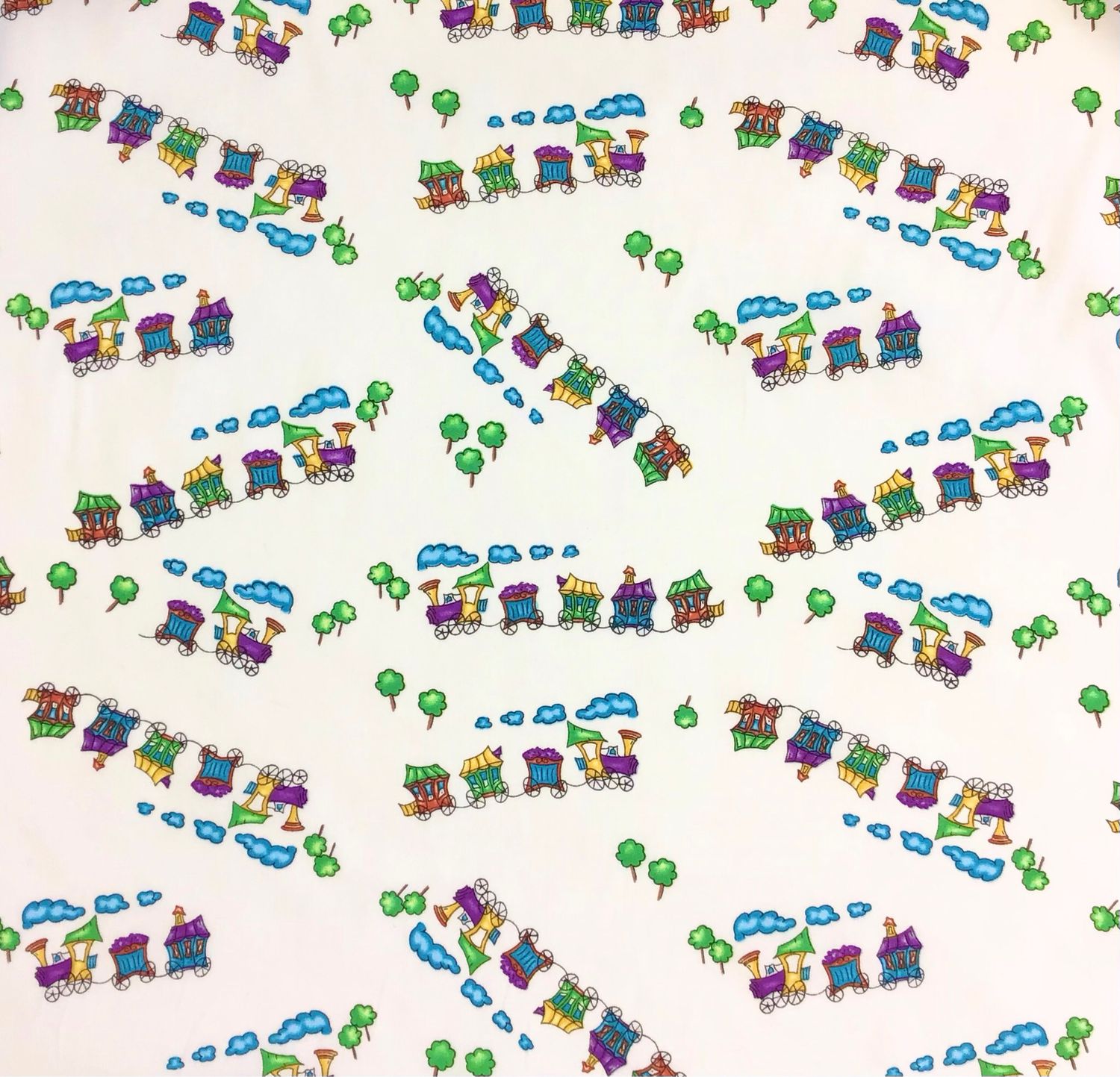 Train And Carriages On White Cotton Poplin