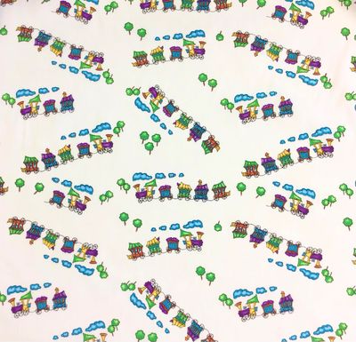 Train And Carriages On White Cotton Poplin
