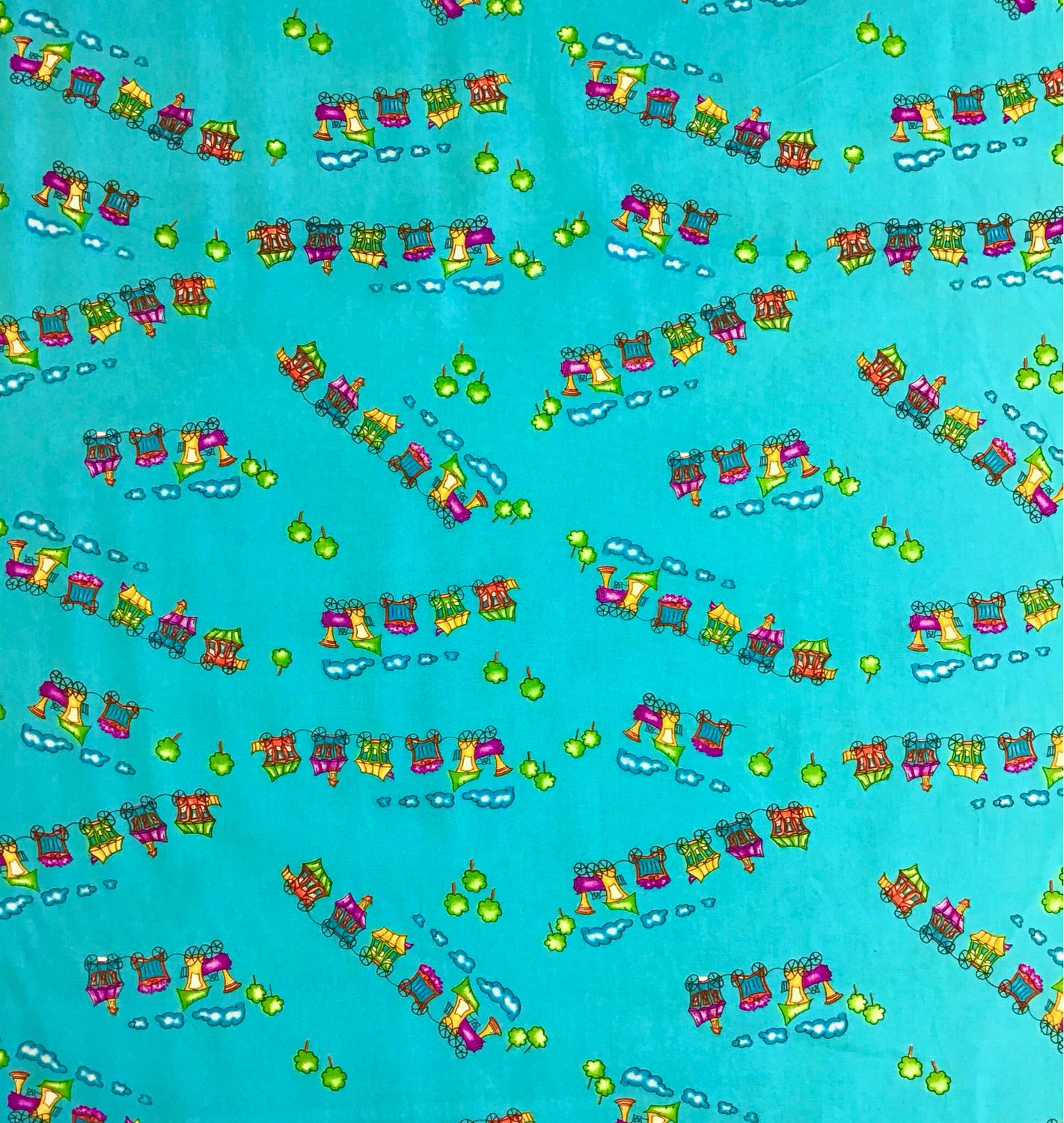 Train And Carriages On Blue Cotton Poplin