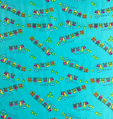 Train And Carriages On Blue Cotton Poplin