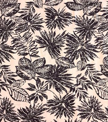 Cotton Satin- Navy Leaves on White
