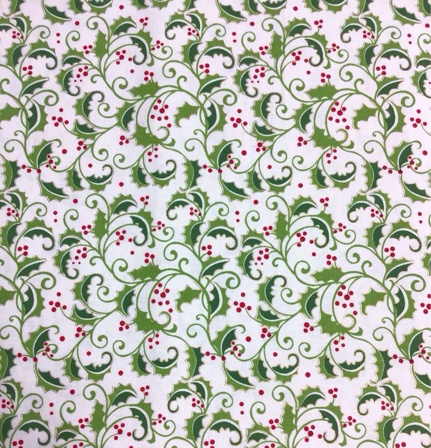 John Louden Christmas Fabric- Holly On White John Louden Christmas Fabric- Holly On White