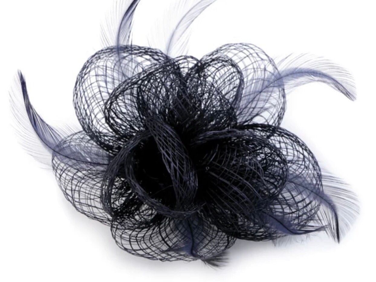 Brooch Flower with Feathers- Navy