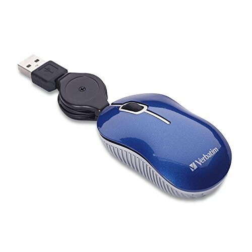 Verbatim Wired Optical Computer Mini USB-A Mouse - Plug &amp; Play Corded Small Travel Mouse with Retractable Cable – Blue 98616