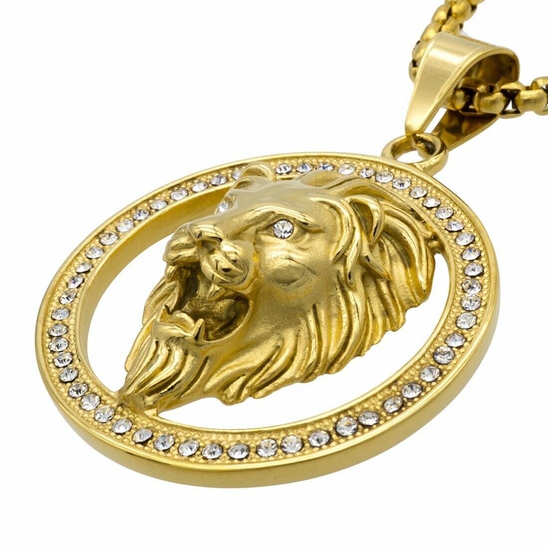 Halskette Anhänger Löwenkopf vergoldet mit Strass Edelstahl