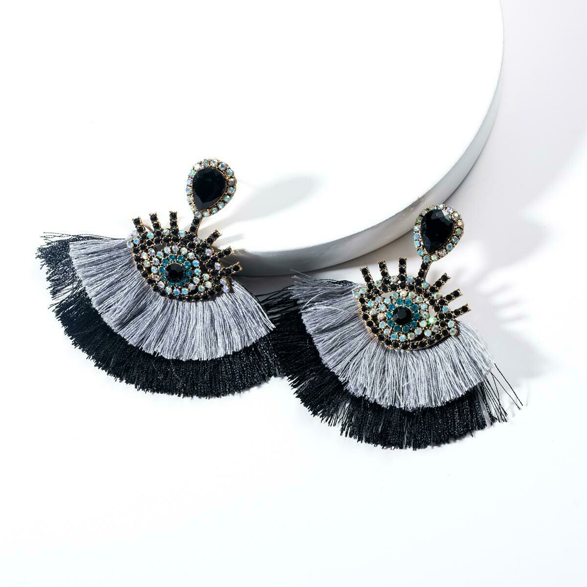Mystic Eye Double Tassel Earrings - Grey