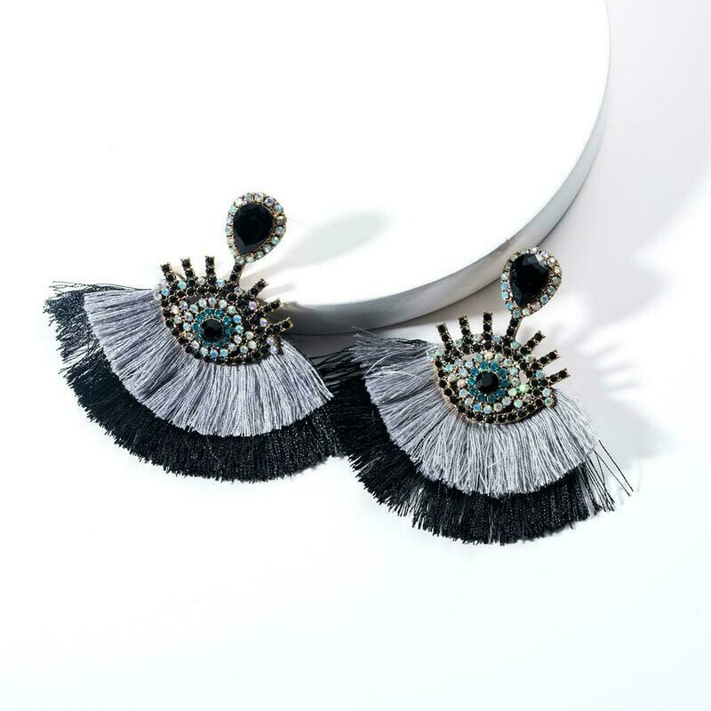 Mystic Eye Double Tassel Earrings - Grey