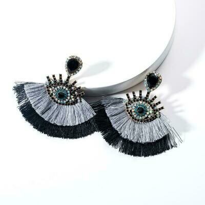 Mystic Eye Double Tassel Earrings - Grey