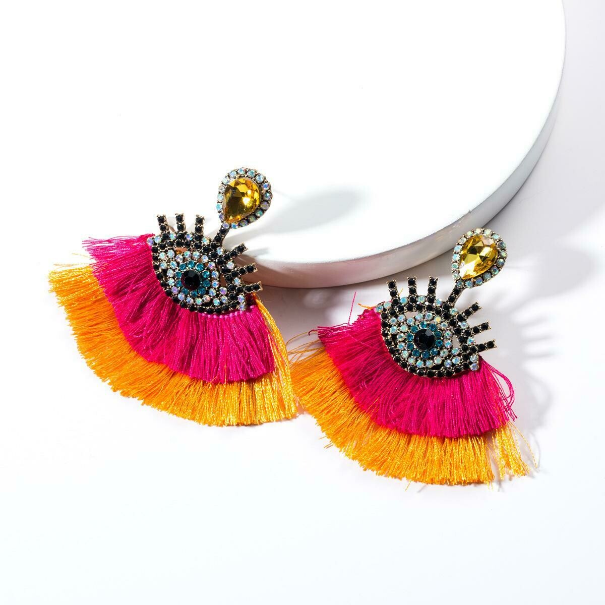 Mystic Eye Double Tassel Earrings - Pink