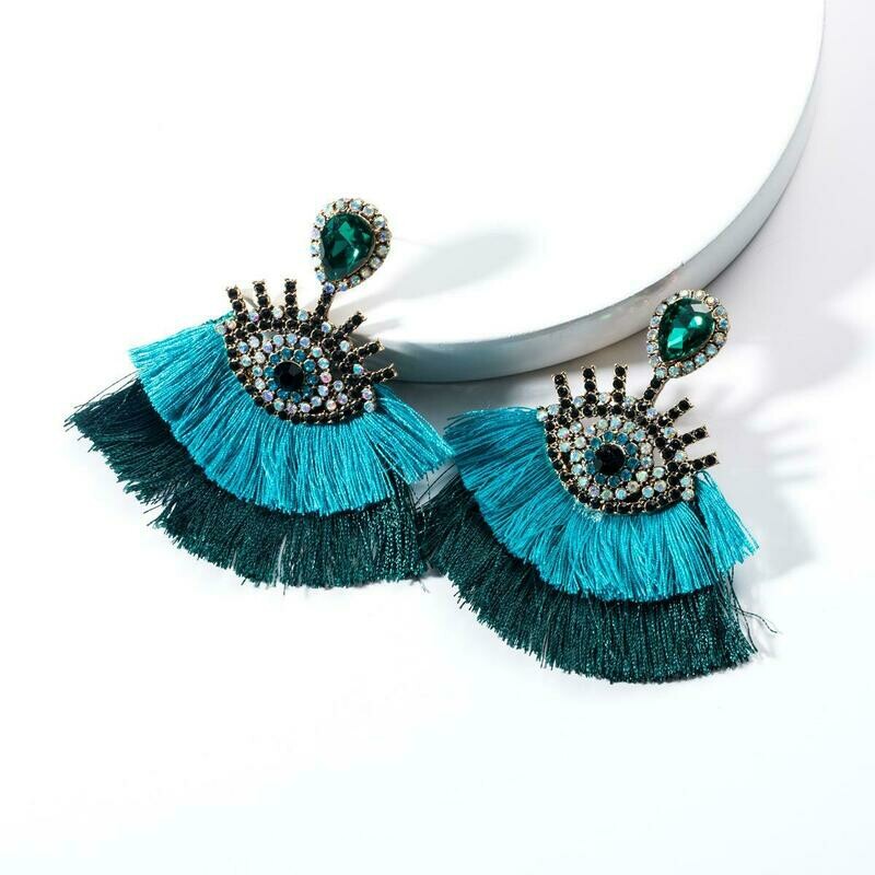 Mystic Eye Double Tassel Earrings - Turquoise