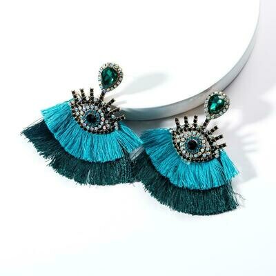 Mystic Eye Double Tassel Earrings - Turquoise