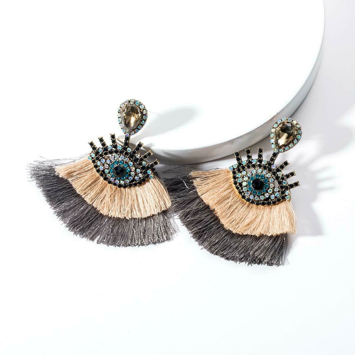 Mystic Eye Double Tassel Earrings - Blush