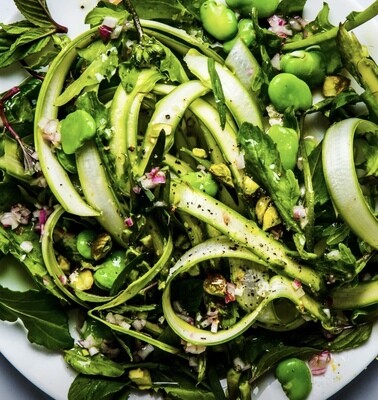 Fava bean and asparagus salad with toasted pistachio