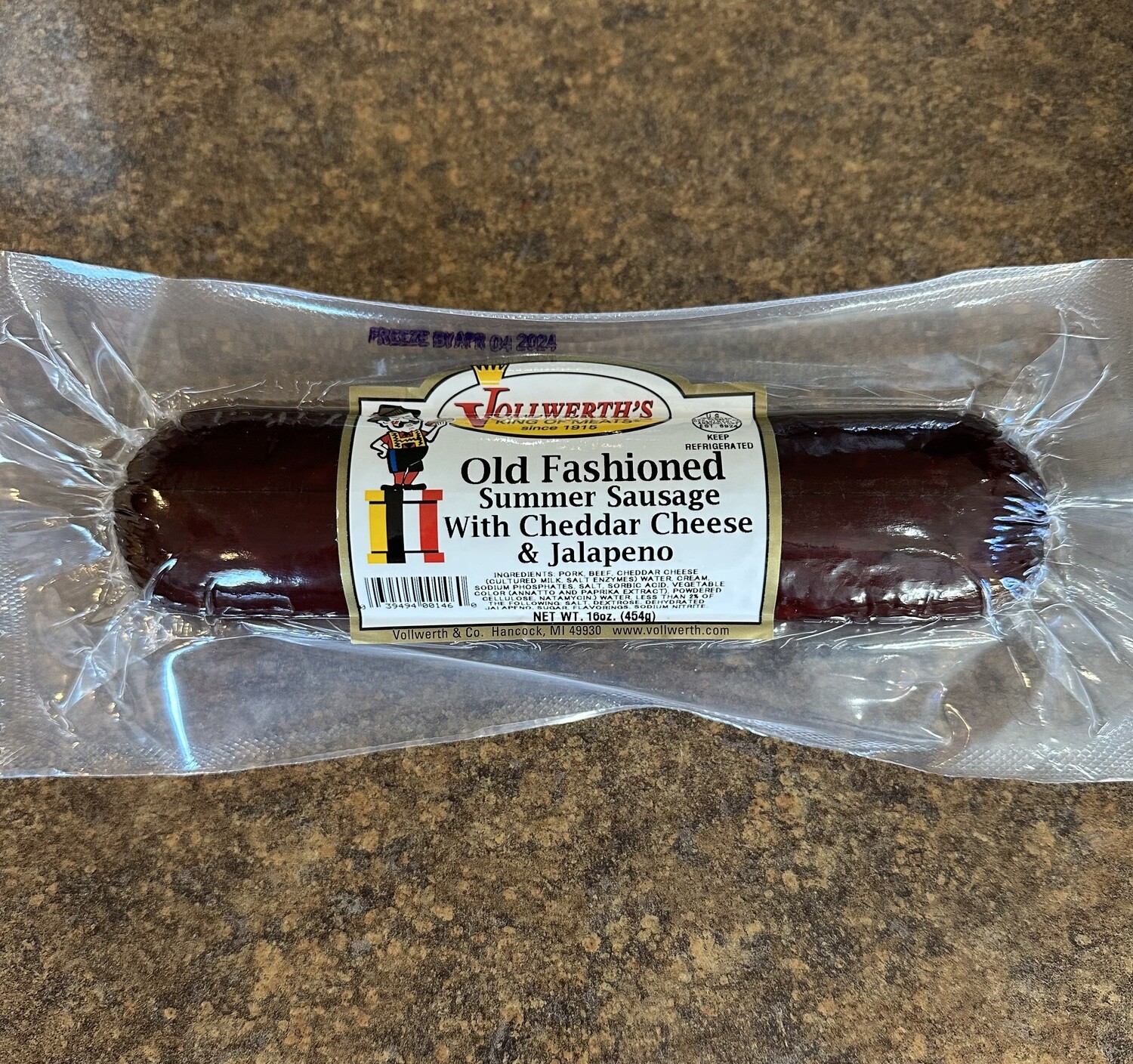Summer Sausage With Cheddar Cheese & Jalapeno - Vollwerth's 16 Oz.