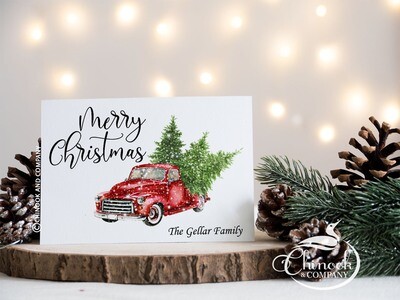 Merry Christmas Red Truck Card Set of 6 Personalized with your Family's Name