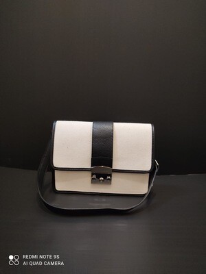 BORSA IN PELLE E TESSUTO ECRU