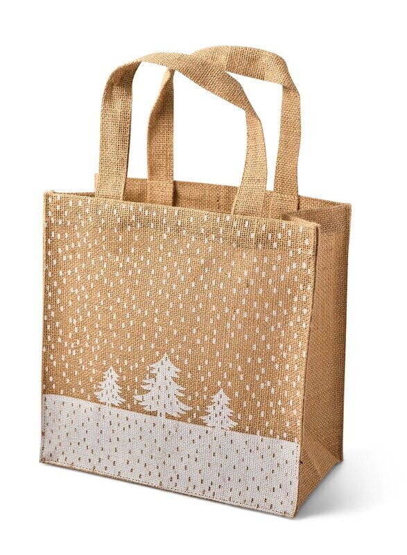 Jutesäck natural, ca. 25x25x12cm med handtag, tryck: snömotiv i vitt