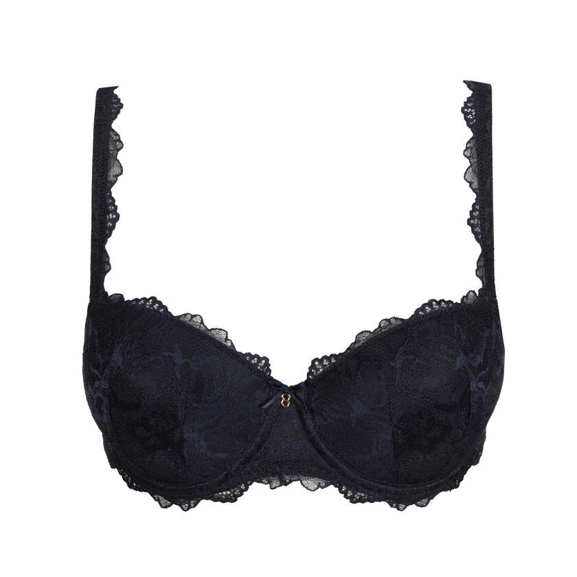 Marie Jo MANYLA voorgevormde balconnette bh in Velvet Blue, met verfijnd kantwerk en multifunctionele bandjes voor een luxe en comfortabele pasvorm.