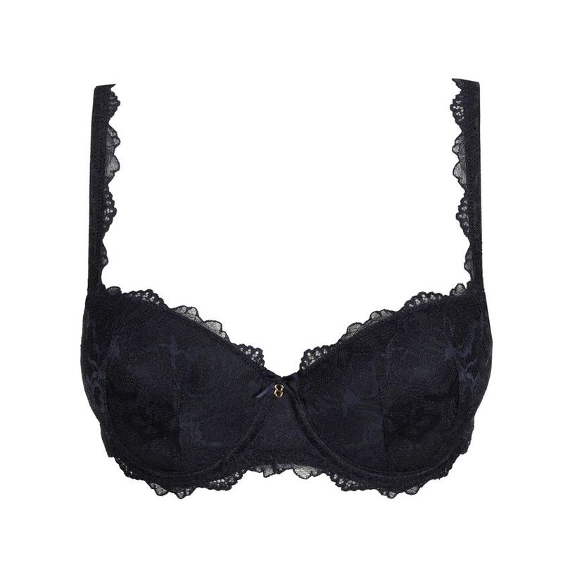 Marie Jo MANYLA voorgevormde balconnette bh in Velvet Blue, met verfijnd kantwerk en multifunctionele bandjes voor een luxe en comfortabele pasvorm.