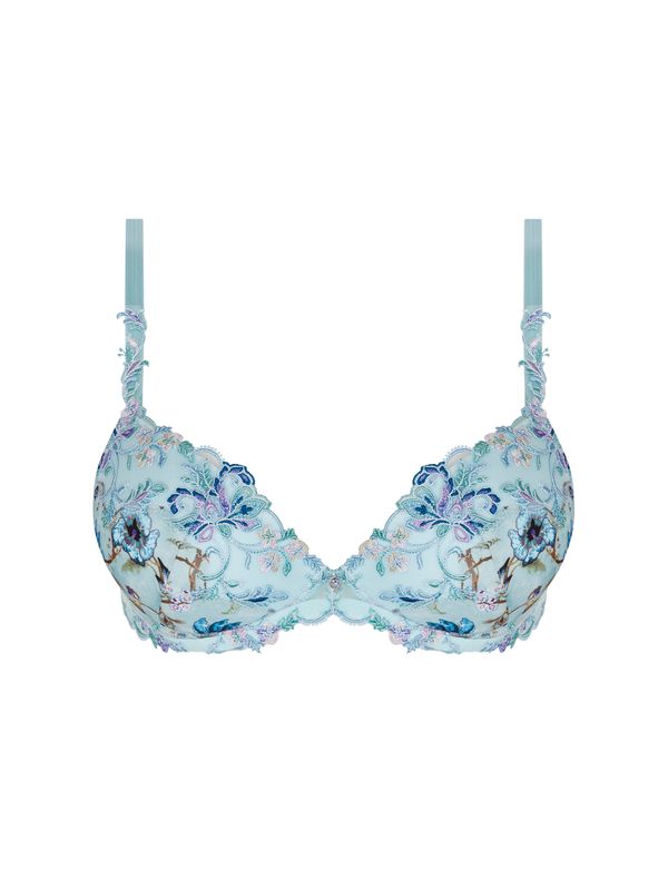 Close-up van de LISE CHARMEL Rêve en Fleurs Voorgevormde BH met kleurrijke bloemenprint, voorgevormde cups en luxe kanten afwerking.