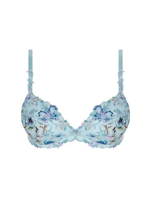 Close-up van de LISE CHARMEL Rêve en Fleurs Voorgevormde BH met kleurrijke bloemenprint, voorgevormde cups en luxe kanten afwerking.