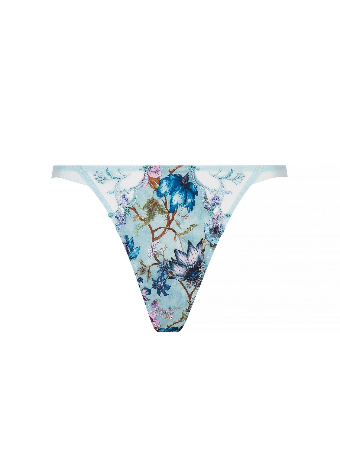 Close-up van de LISE CHARMEL Rêve en Fleurs String Sexy met kleurrijke bloemenprint en subtiele kanten afwerking, luxe en verfijnde lingerie.