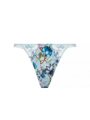 Close-up van de LISE CHARMEL Rêve en Fleurs String Sexy met kleurrijke bloemenprint en subtiele kanten afwerking, luxe en verfijnde lingerie.
