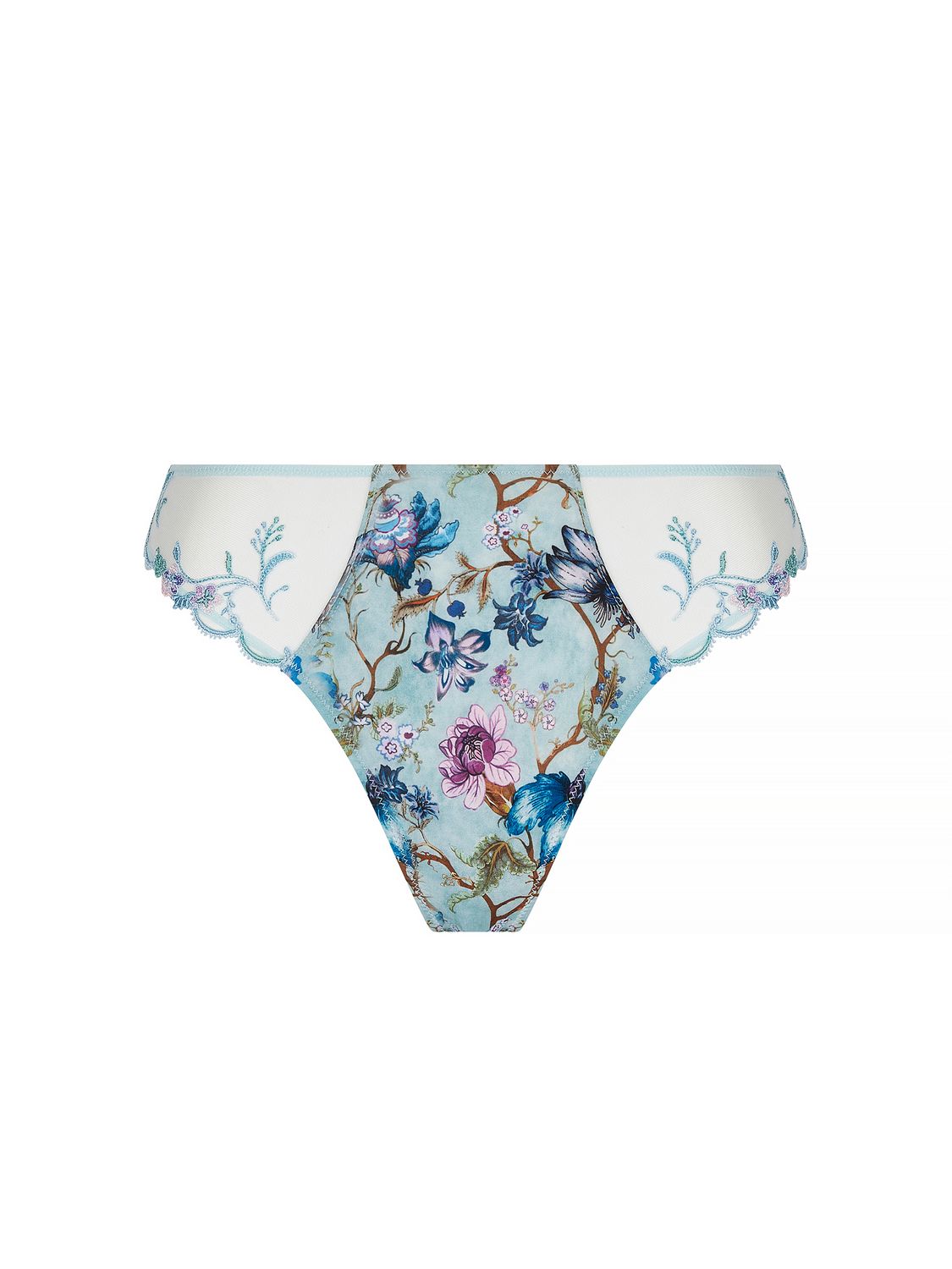 Close-up van de LISE CHARMEL Rêve en Fleurs String met een kleurrijke bloemenprint en verfijnde kanten afwerking, luxe lingerie met een romantische uitstraling.