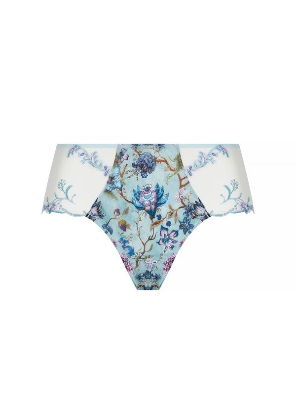 Close-up van de LISE CHARMEL Rêve en Fleurs Shorty met een kleurrijke bloemenprint en verfijnde kanten afwerking, luxe lingerie met een vrouwelijke pasvorm.