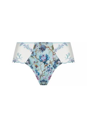 Close-up van de LISE CHARMEL Rêve en Fleurs Shorty met een kleurrijke bloemenprint en verfijnde kanten afwerking, luxe lingerie met een vrouwelijke pasvorm.