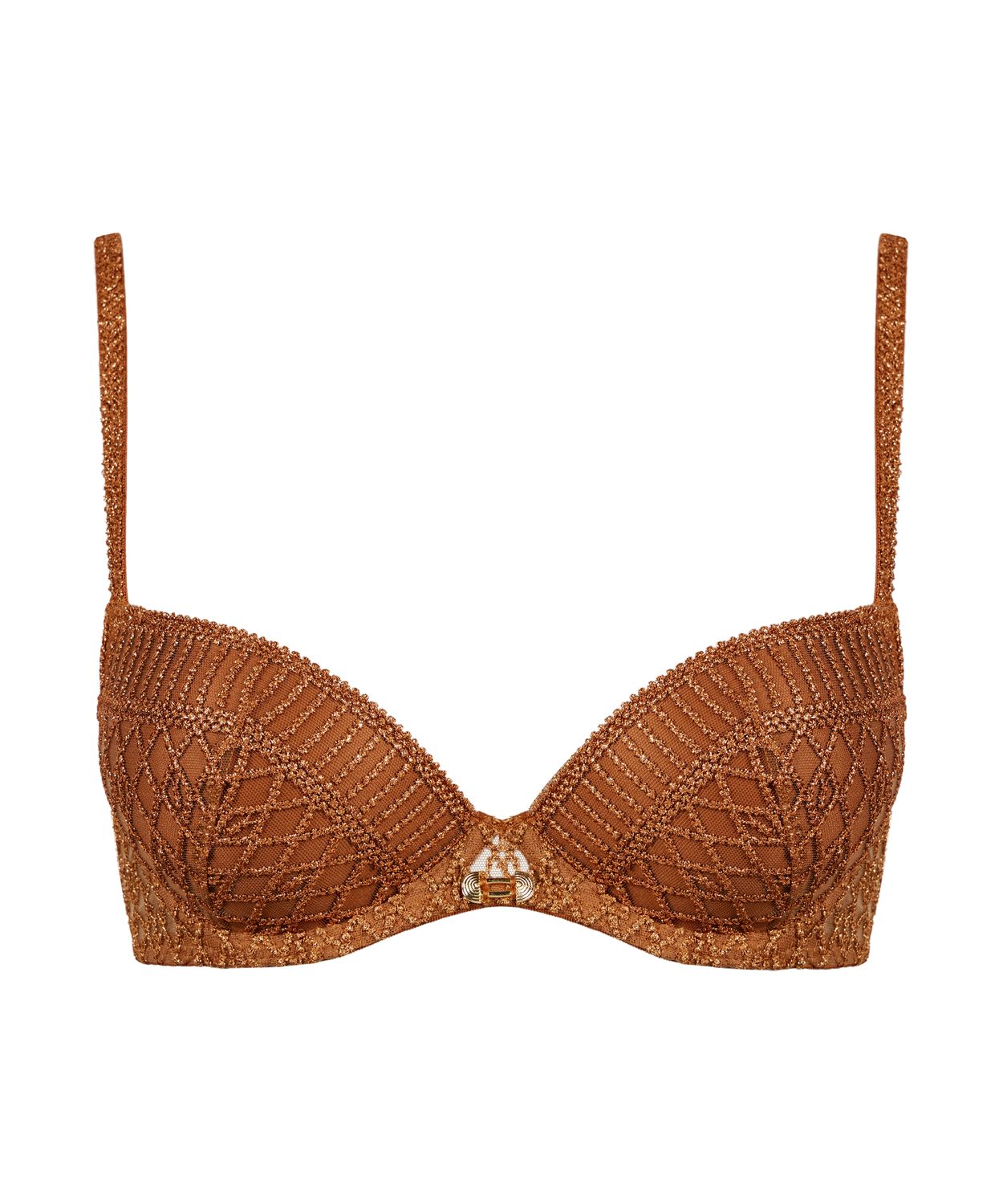 Push-up BH van Aubade uit de Stardust-collectie in de kleur Ambergold, close-up van het ontwerp met delicate borduursels en subtiele glitteraccenten.
