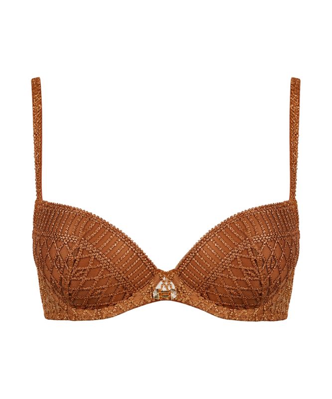 Push-up BH van Aubade uit de Stardust-collectie in de kleur Ambergold, close-up van het ontwerp met delicate borduursels en subtiele glitteraccenten.