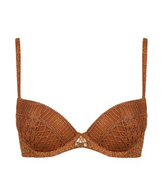 Push-up BH van Aubade uit de Stardust-collectie in de kleur Ambergold, close-up van het ontwerp met delicate borduursels en subtiele glitteraccenten.