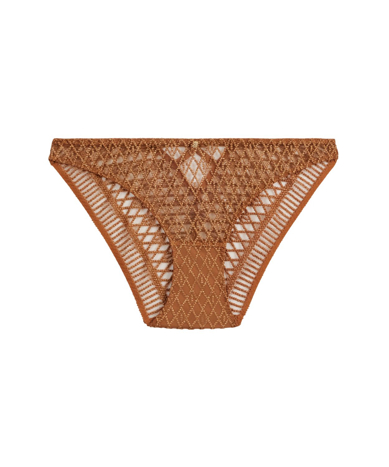 Italian slip uit de Aubade Stardust-collectie in de kleur Ambergold, close-up van de verfijnde borduursels en luxueuze details.