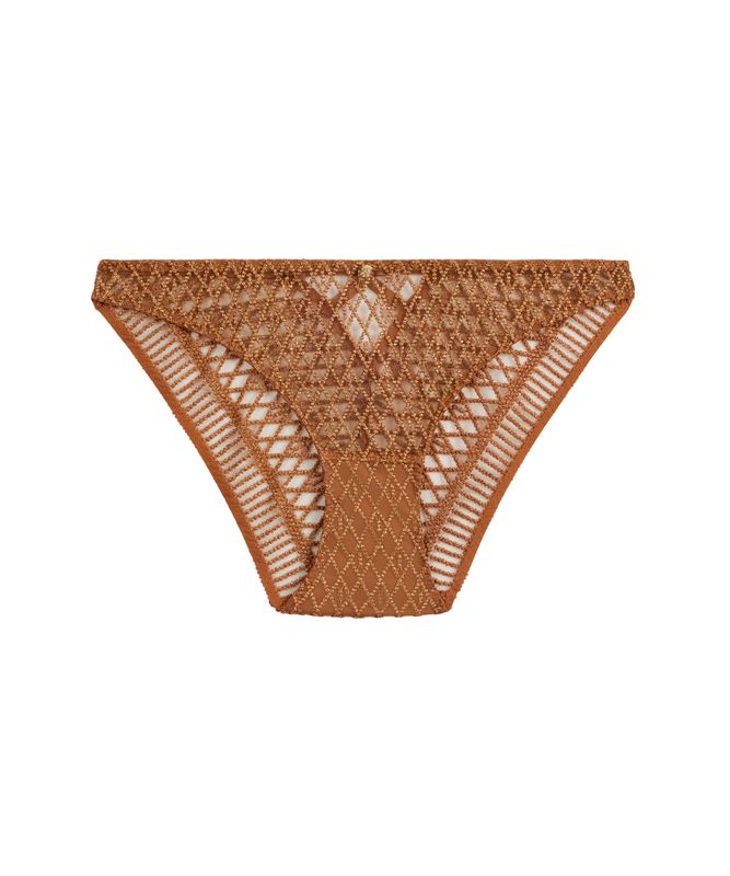Italian slip uit de Aubade Stardust-collectie in de kleur Ambergold, close-up van de verfijnde borduursels en luxueuze details.