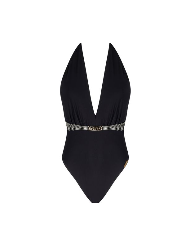 Halterbadpak Lise Charmel Swim Horizon Boreal in diepzwart, liggend op een neutrale achtergrond, met verfijnde details en een diepe halslijn zichtbaar.