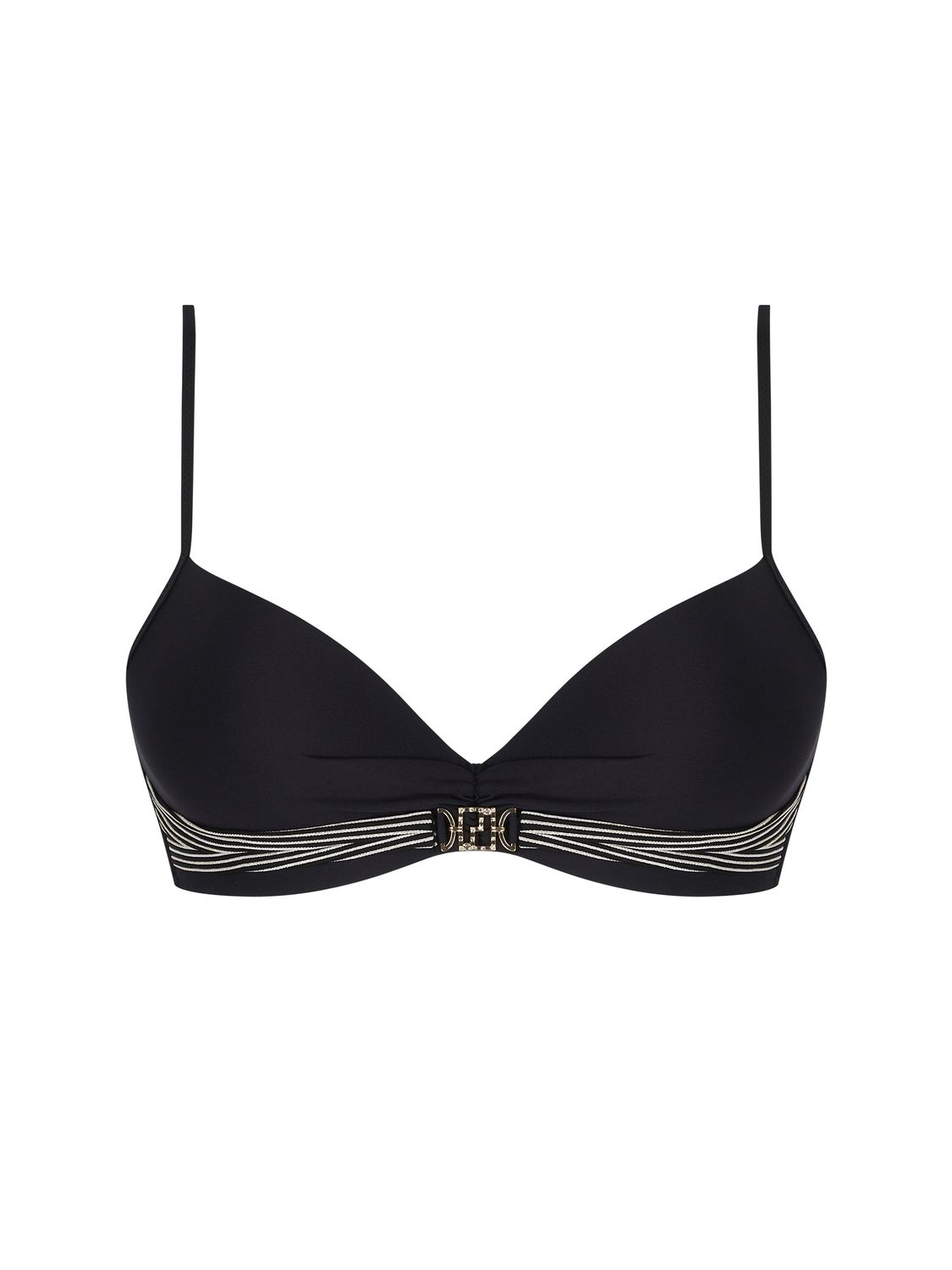  Voorgevormde Lise Charmel Swim Horizon Boreal bikinitop met beugel in diepzwart, liggend op een neutrale achtergrond, met verfijnde afwerkingen en verstelbare bandjes zichtbaar.